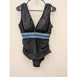 Women’s Black One Piece Swimsuit Size M V Neck Tummy Control Smocked